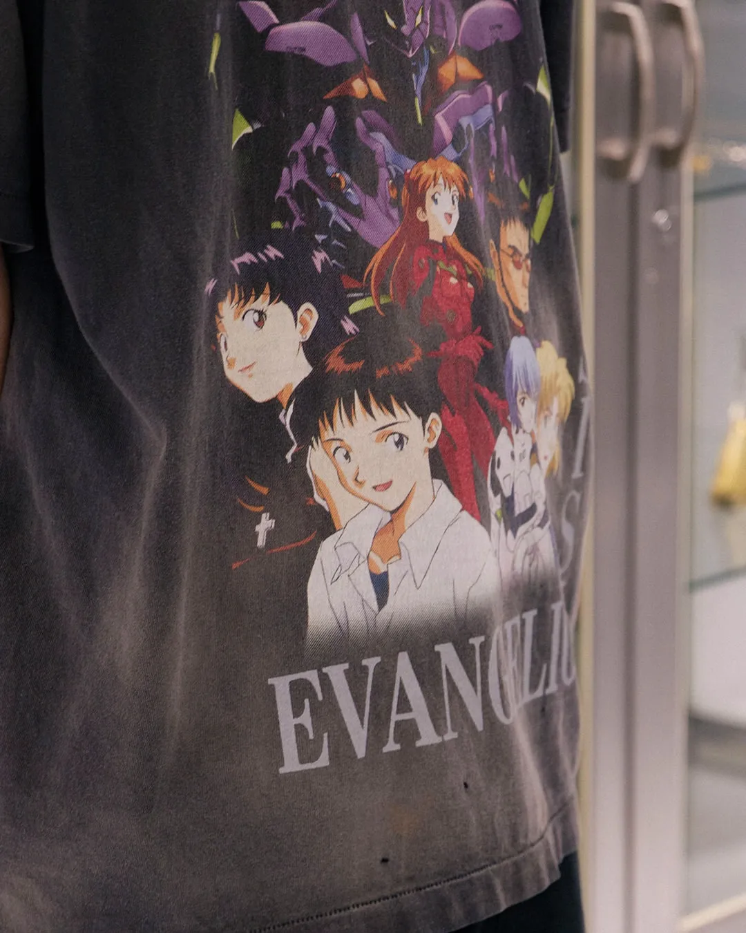 SAINT Mxxxxxx × EVANGELION NEON GNSIS TEE/BLK co-branded Neon Genesis Evangelion distressed short-sleeves, washed black S-XL, vintage NEW VINTAGE, top printing technology, garment dyeing, re-washed, distressed, correct co-branded main mark/washing mark